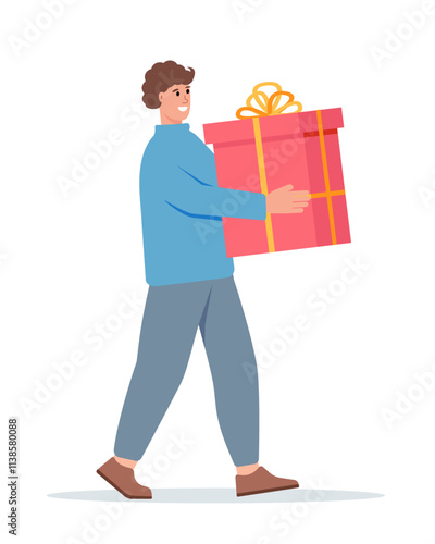 Smiling young man carrying big red gift. Happy male character and gift box with presents. Birthday party, holiday, sale and Christmas concept. Vector characters vector illustration.