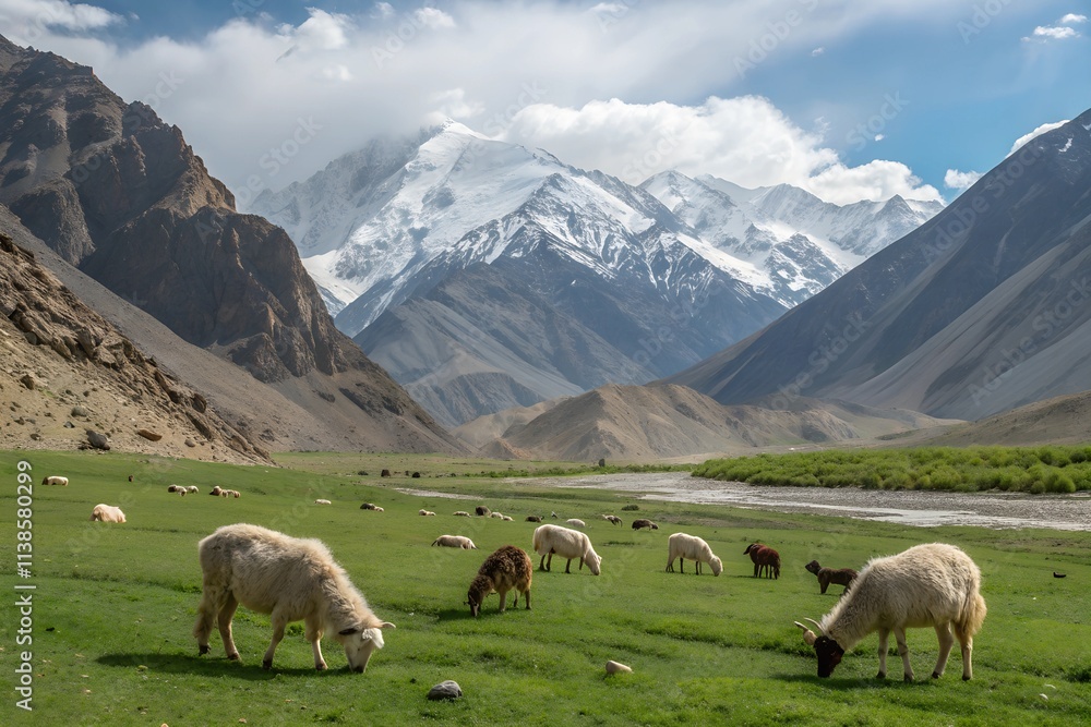 Fototapeta premium Animals grazing in the highlands of the Karak roam the lush, elevated meadows, often seen against stunning mountain backdrops, showcasing rural pastoral life in the region.