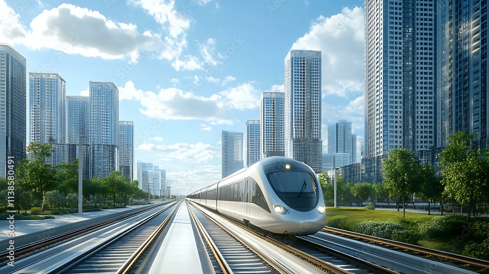 Naklejka premium Modern electric train speeding through an urban area with tall buildings in the background