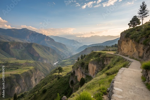 Colca Canyon Viewpoint in Peru offers breathtaking vistas of one of the world's deepest canyons, surrounded by terraced landscapes, soaring condors, and majestic Andean peaks. photo