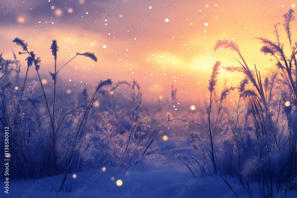 Beautiful winter nature background. snowfall and frozen plants at sunset Beautiful winter nature background. snowfall and frozen plants at sunset