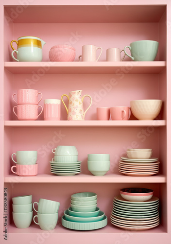 Utensils on the shelf in the kitchen.