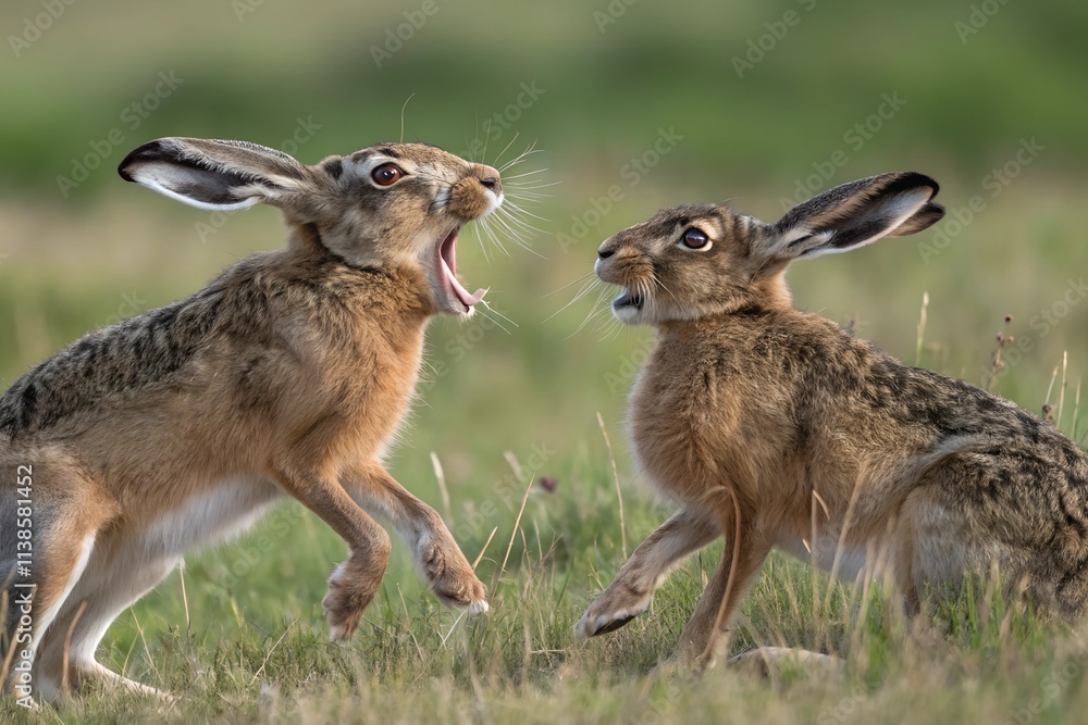 Two aggressive hares face off, their bodies tense, ears flat, and fur bristling. They leap and clash in a flurry of kicks, showcasing their territorial instincts and fierce rivalry. Two aggressive hares face off, their bodies tense, ears flat, and fur bristling. They leap and clash in a flurry of kicks, showcasing their territorial instincts and fierce rivalry.
