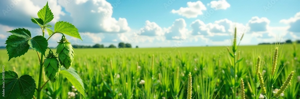 Hops and grains in green field under cloudy sky, plant, beehive Hops and grains in green field under cloudy sky, plant, beehive