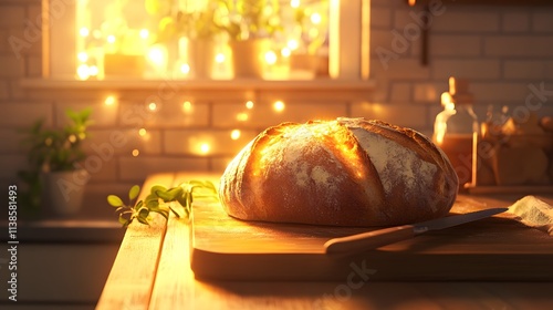 Freshly Baked Artisan Bread on Wooden Cutting Board in Cozy Kitchen with Warm Light from Window and Decorative Plants in Background photo