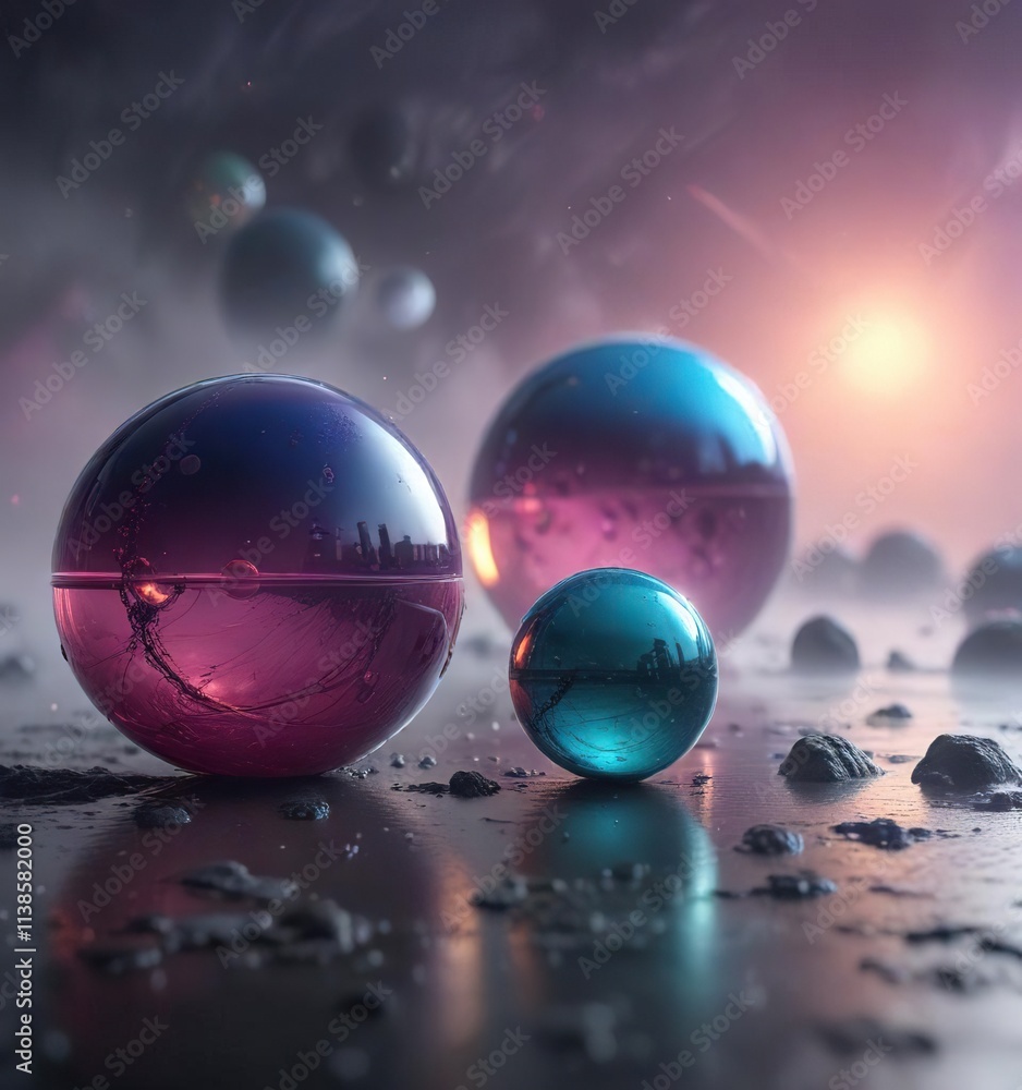 Interconnected spheres suspended in a misty atmosphere, gelatinous, surreal Interconnected spheres suspended in a misty atmosphere, gelatinous, surreal