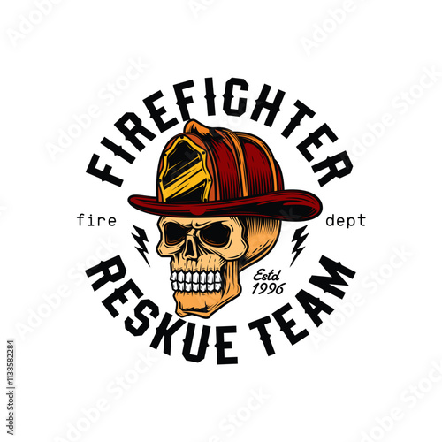 Human skull in a fire helmet. Firefighter. Original vector illustration in vintage style. T-shirt design.