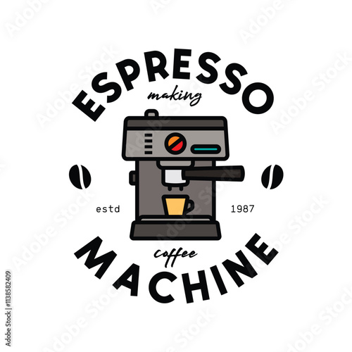 Espresso coffee machine emblem. Original vector illustration in vintage style. T-shirt design.