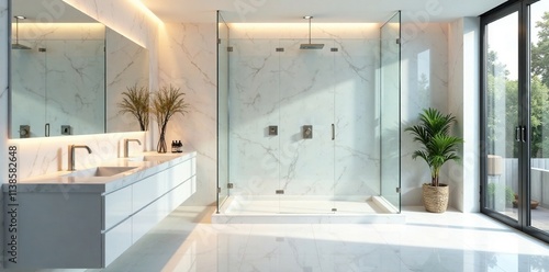 Large format glass enclosure in a modern bathroom with white marble countertops, bathroom, steam