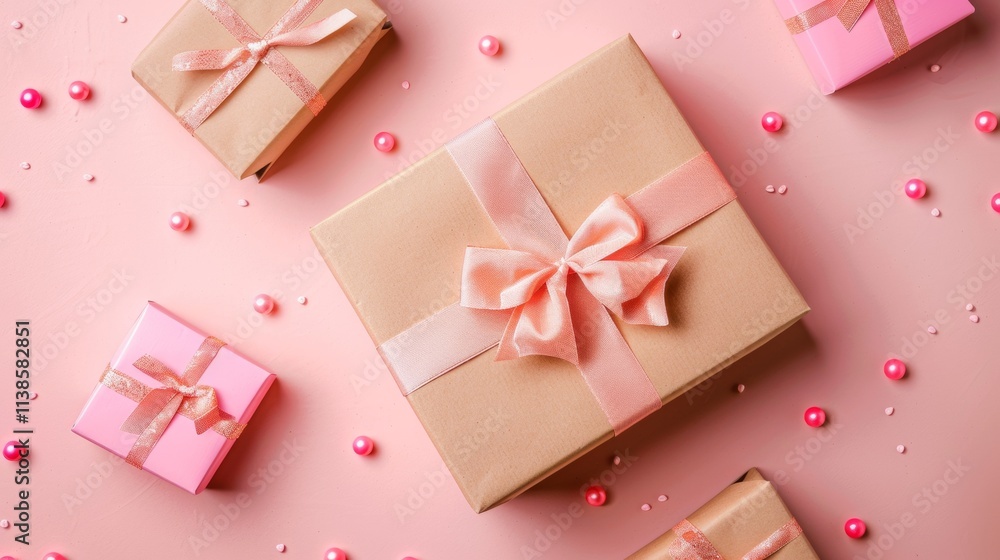 Pretty gift boxes tied with ribbons on a pink background Pretty gift boxes tied with ribbons on a pink background