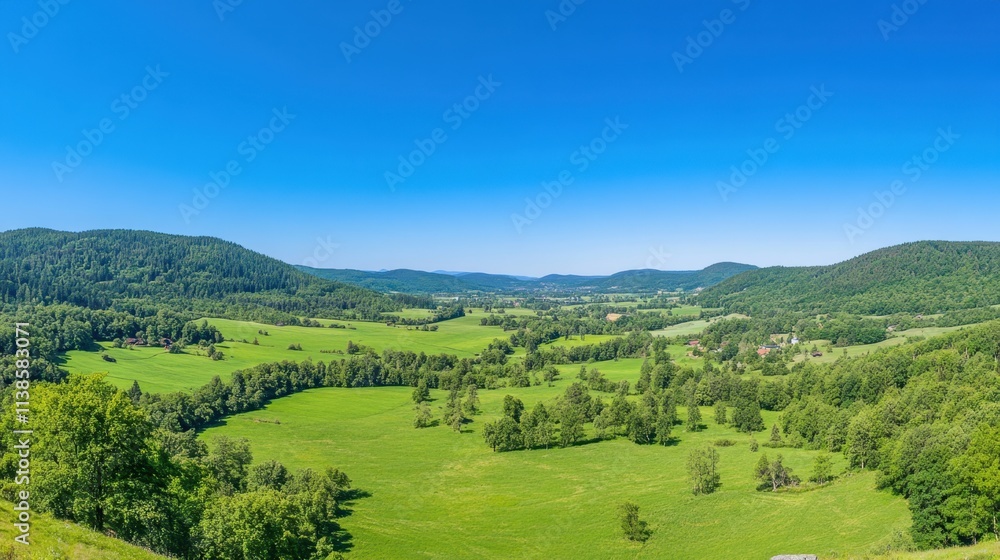 Scenic Panoramic View of Lush Green Valley Under Clear Blue Sky Scenic Panoramic View of Lush Green Valley Under Clear Blue Sky