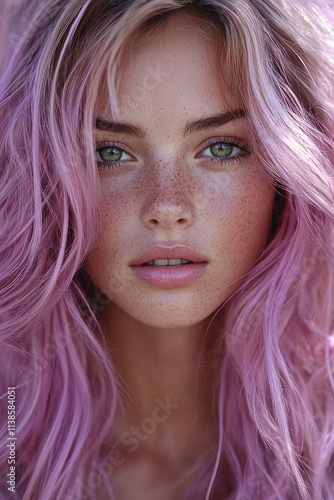 Close-up portrait of a woman with long pink hair and freckles