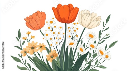 Wallpaper Mural A minimalist flat-style watercolor sketch featuring cute cartoon spring flowers Torontodigital.ca