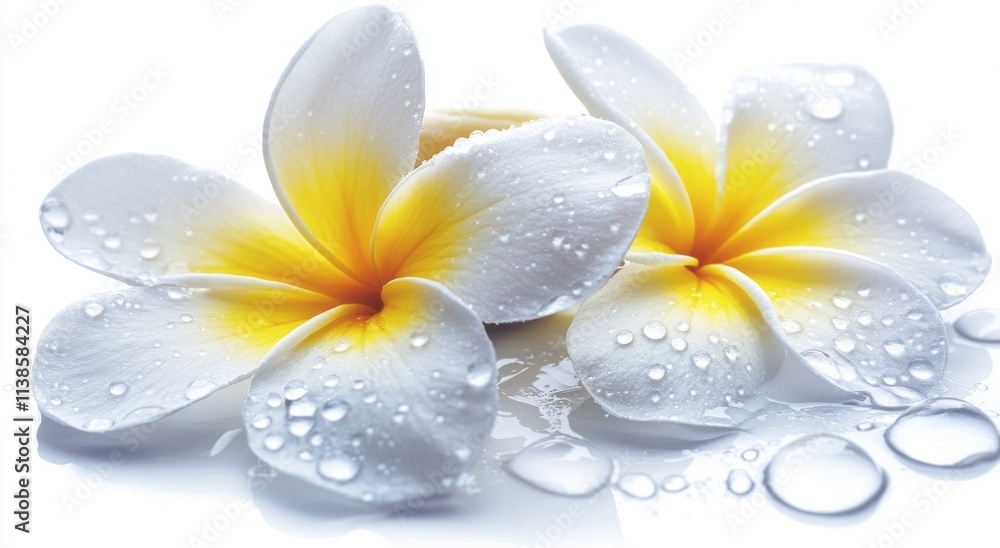 A cluster of honeysuckle flowers against a plain white background, with a water splash A cluster of honeysuckle flowers against a plain white background, with a water splash