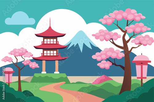 Serene Japanese Cherry Garden with Sakura Blossoms Tranquil Landscape Background