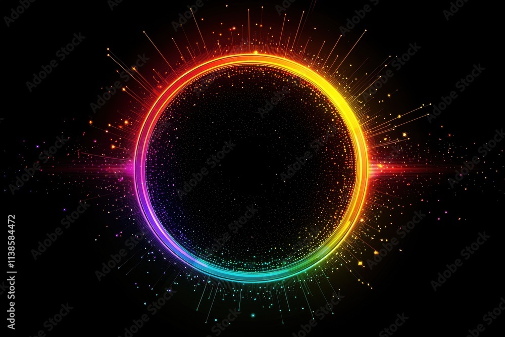 Vibrant circular halo of light with rainbow colors on black background Vibrant circular halo of light with rainbow colors on black background