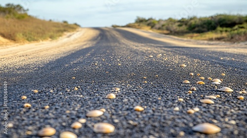 Wallpaper Mural Close up of a beach access road, with scattered seashells and sand on the asphalt Torontodigital.ca