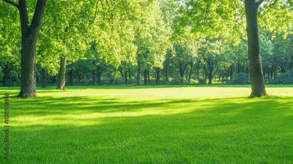 Fototapeta premium Lush Green Park Landscape with Sunlight Filtering Through Tree Canopy