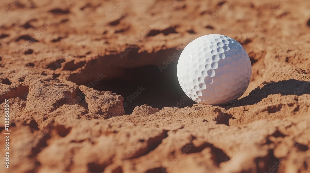 Golf Ball Resting Near Hole on Sandy Course Surface in Natural Setting Golf Ball Resting Near Hole on Sandy Course Surface in Natural Setting