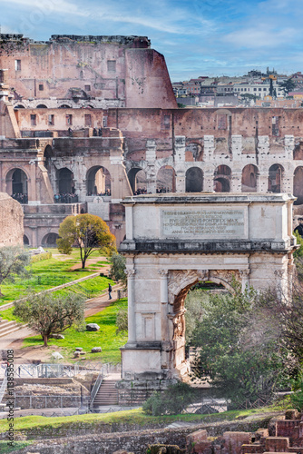 The Arch of Septimius Severus, at Roman Forum, a triumphal arch dedicated in AD 203 to commemorate the Parthian victories of Emperor Septimius Severus and his two sons, Caracalla and Geta. Rome, 2017 photo