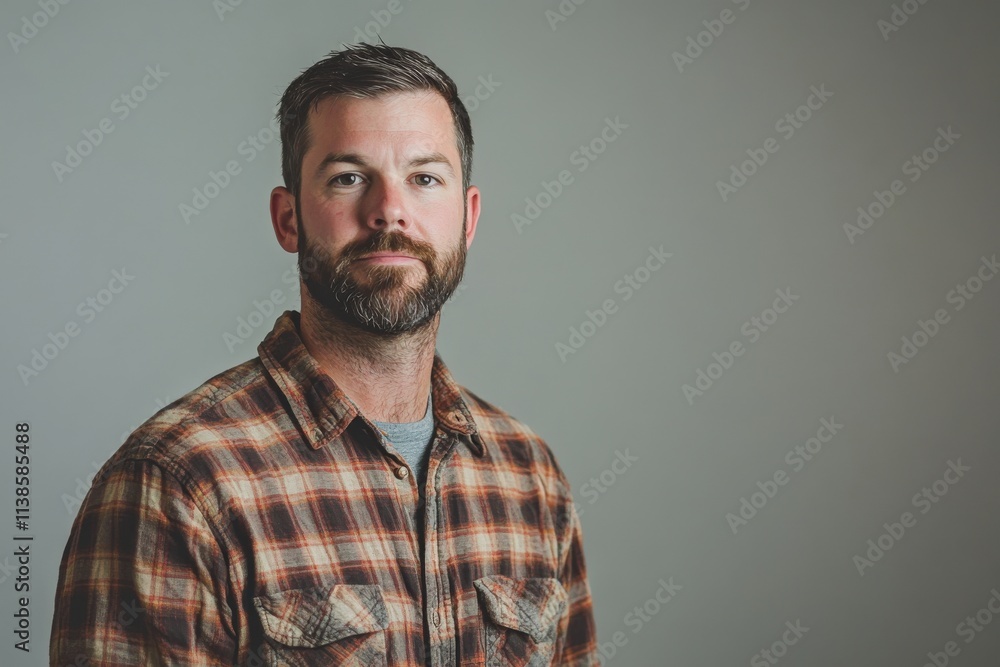 Confident Man with Beard in Flannel Shirt Against Neutral Background Confident Man with Beard in Flannel Shirt Against Neutral Background