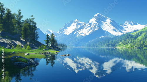 A tranquil mountain lake reflects snow-capped peaks and lush green forests under a clear blue sky. photo