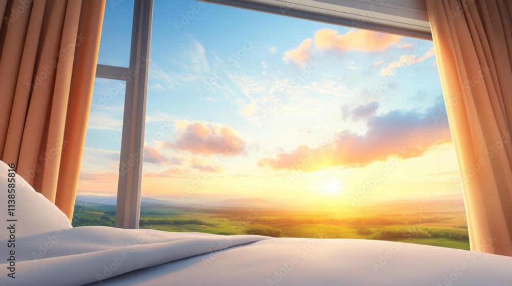 a cozy bedroom with a panoramic window facing a dramatic sunset over a rolling countryside a cozy bedroom with a panoramic window facing a dramatic sunset over a rolling countryside