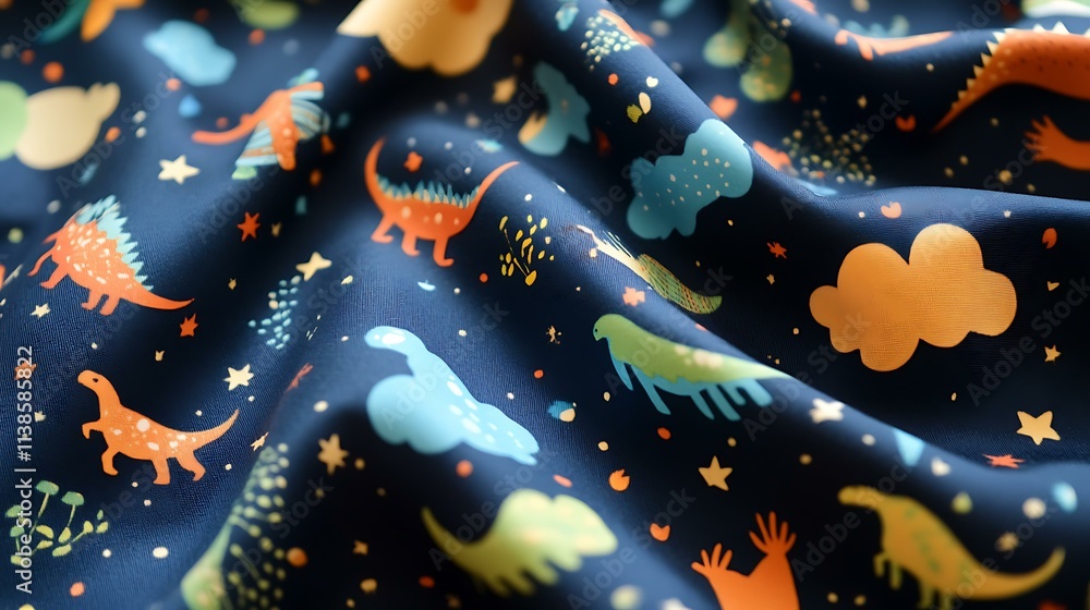 Cozy navy blue fabric with colorful dinosaur designs, clouds, and footprints arranged in a cheerful, scattered pattern Cozy navy blue fabric with colorful dinosaur designs, clouds, and footprints arranged in a cheerful, scattered pattern