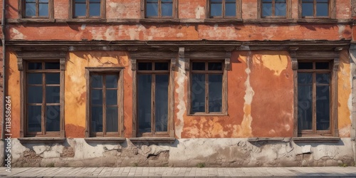 old wooden building with empty windows and worn-out facade , crumbling, empty spaces, abandoned