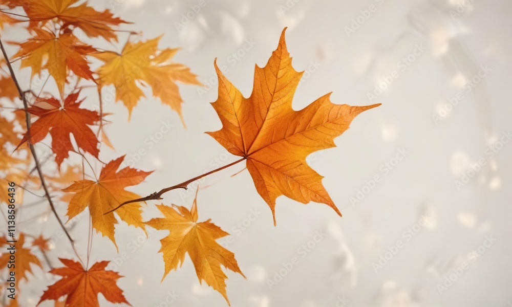 Orange maple leaf against a white or cream-colored background with soft focus , nature, autumn leaf, white background Orange maple leaf against a white or cream-colored background with soft focus , nature, autumn leaf, white background