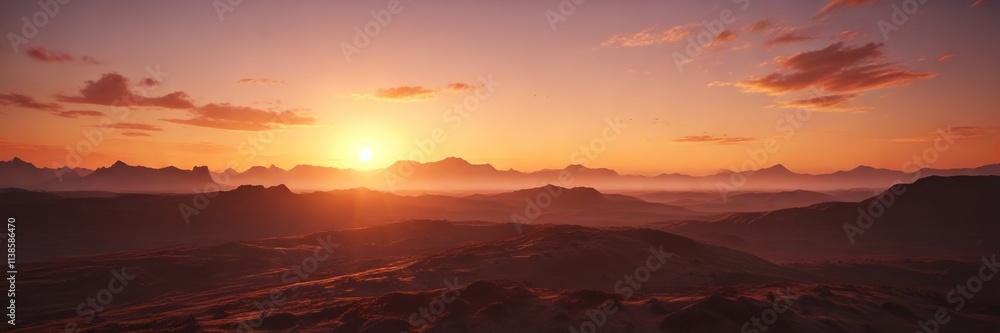 Orange sun rising over a vast landscape at dawn, expanse, mist, solitude Orange sun rising over a vast landscape at dawn, expanse, mist, solitude