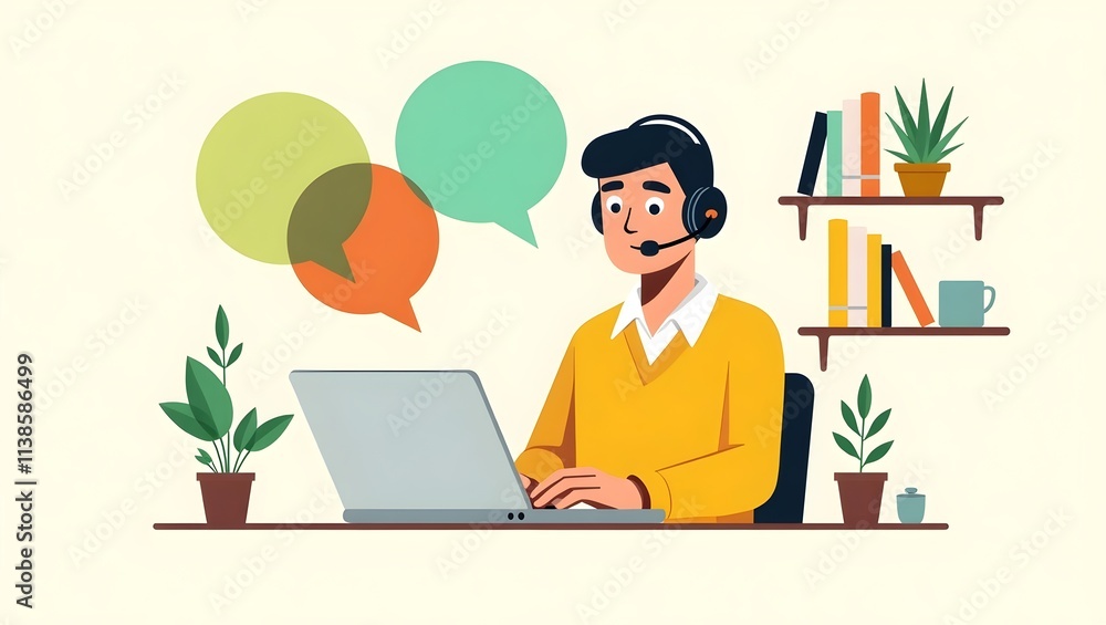 Flat-style illustration of a man with a headset working on a laptop, surrounded by plants, speech bubbles, and books for online communication, remote work, or customer support Flat-style illustration of a man with a headset working on a laptop, surrounded by plants, speech bubbles, and books for online communication, remote work, or customer support