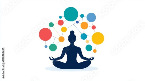 Silhouette of a person meditating with colorful thought bubbles around. photo