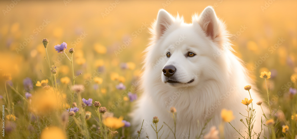 Obraz premium White Fluffy Dog in a Wildflower Meadow at Sunset