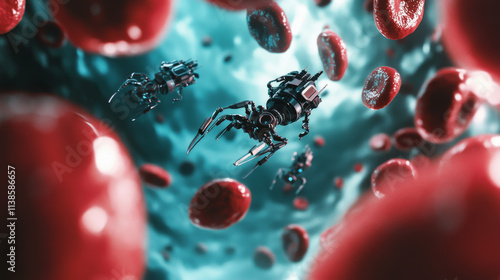 Microscopic robots navigate through a human bloodstream, surrounded by red blood cells and plasma. photo