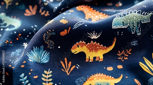 Colorful dinosaur footprints and charming illustrations on cozy navy blue fabric, ideal for childrenâ€™s blankets or apparel photo