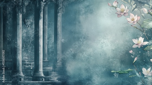 Exquisite watercolor flowers arranged in a bowl reflected on a shiny surface, copying the space