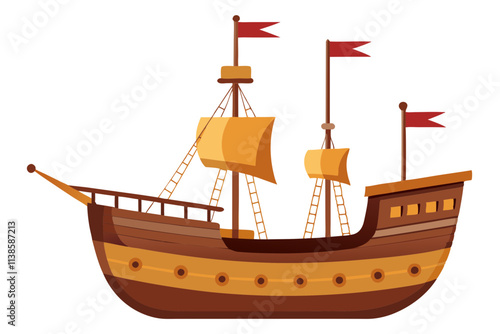 Vintage Old Wooden Ship Silhouette on White Background Nautical Classic Design