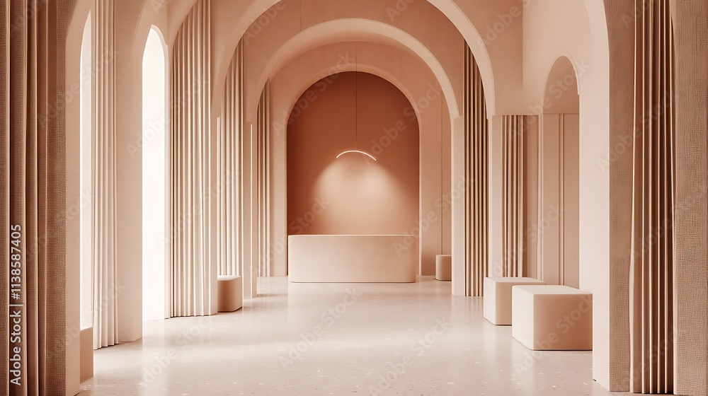 Fototapeta premium Elegant modern restaurant with clean lines and calming soft pastel lighting