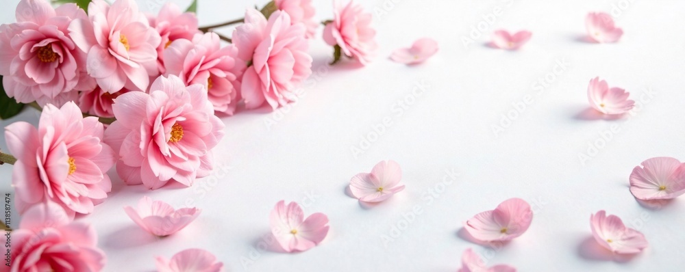 Fototapeta premium Pastel pink flowers scattered on a white surface, soft, delicate