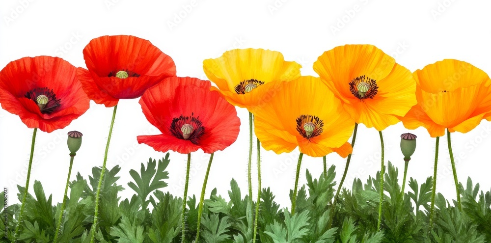 Fototapeta premium Watercolor clipart of poppies with separated depth of field.Clipart featuring watercolor poppies with a distinct separation in depth of field.Poppies in watercolor clipart style, with elements