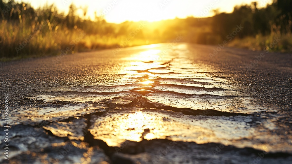 Obraz premium Detailed shot of an old road with tar-filled cracks, against a bright sunny backdrop