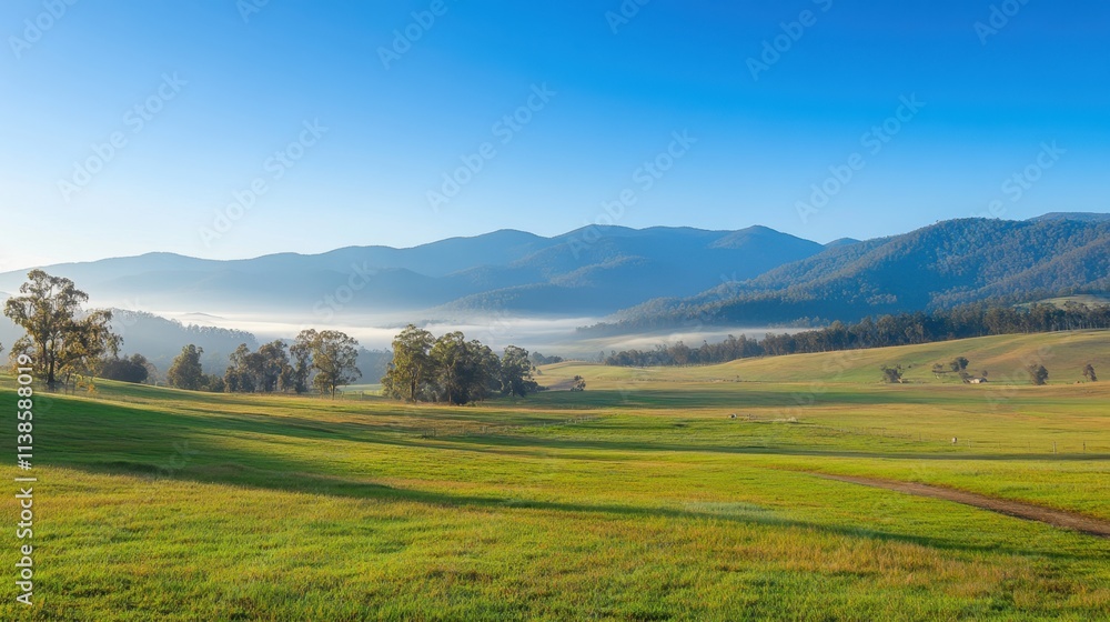 Serene Landscape with Rolling Hills and Misty Mountains at Sunrise Light Serene Landscape with Rolling Hills and Misty Mountains at Sunrise Light