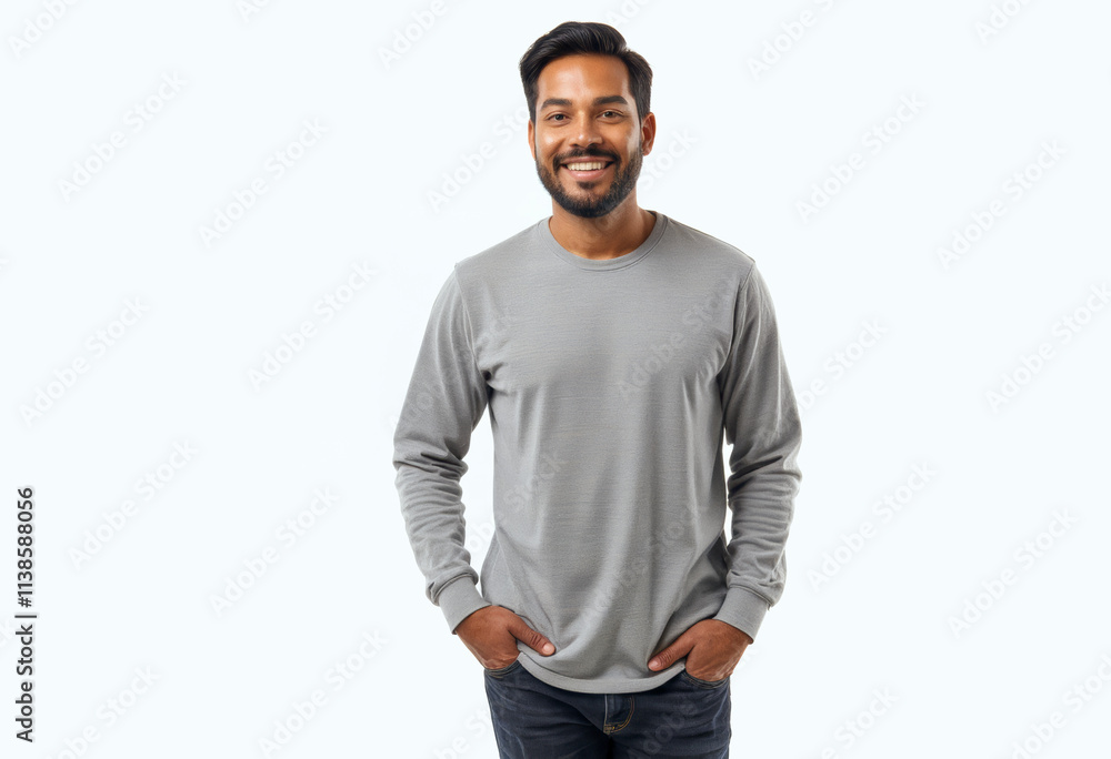 A commercial portrait photo of a model on a white studio background: a man standing with his hands in his pockets, wearing a grey long sleeve t-shirt and smiling against a white background. A commercial portrait photo of a model on a white studio background: a man standing with his hands in his pockets, wearing a grey long sleeve t-shirt and smiling against a white background.