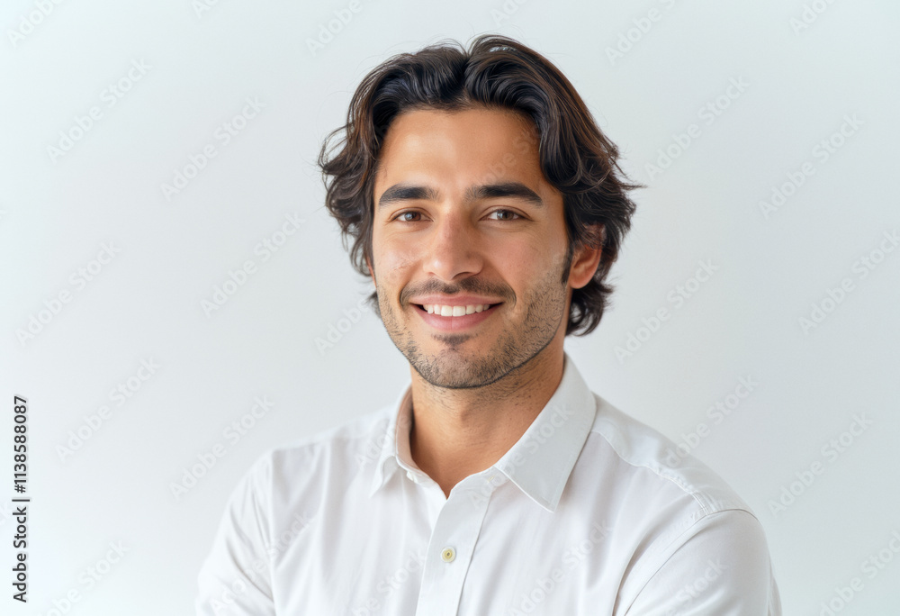 A commercial portrait photo of a model on a white studio background: a man with long hair wearing a white shirt, smiling at the camera against a white background. A commercial portrait photo of a model on a white studio background: a man with long hair wearing a white shirt, smiling at the camera against a white background.
