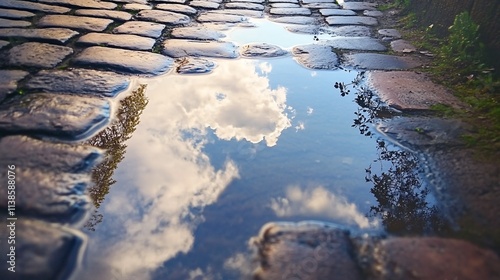 Macro shot of a cobbled road with water puddles reflecting the sky after rain photo