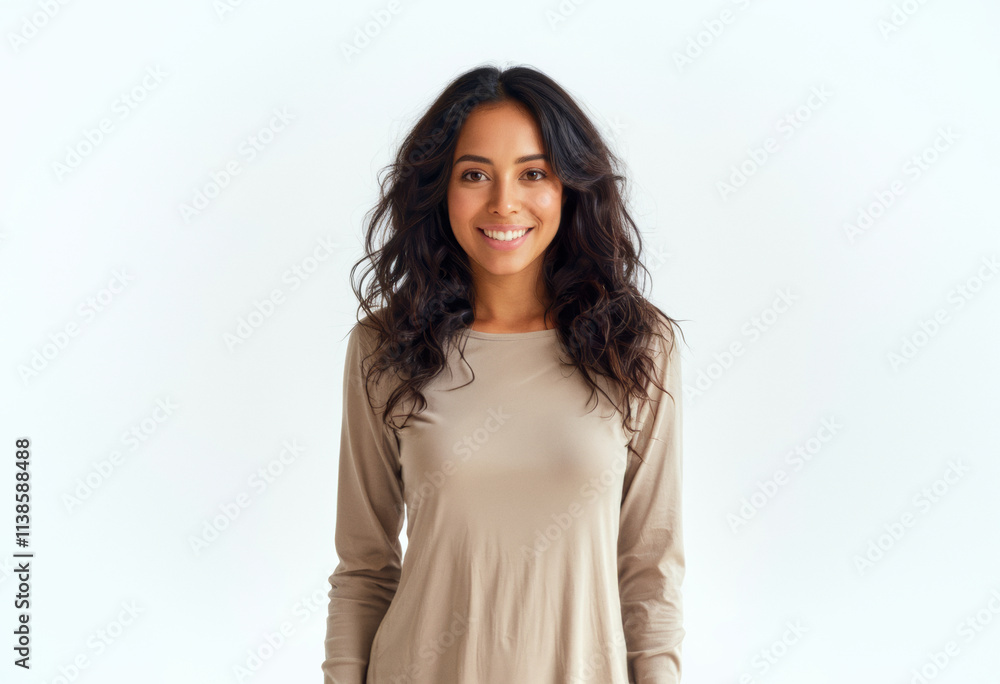 A commercial portrait photo of a model on a white studio background: a woman with long brown hair smiling at the camera against a white background. A commercial portrait photo of a model on a white studio background: a woman with long brown hair smiling at the camera against a white background.