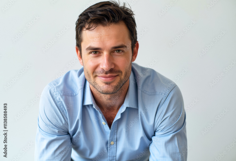 A commercial portrait photo of a model on a white studio background: a man in a blue shirt smiling at the camera against a white background. A commercial portrait photo of a model on a white studio background: a man in a blue shirt smiling at the camera against a white background.