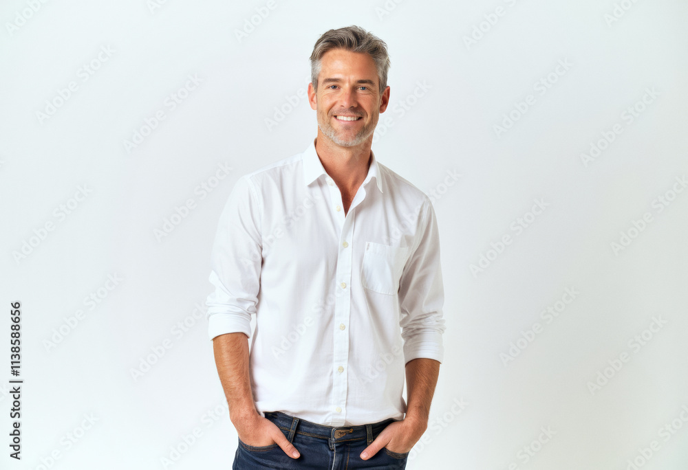 A commercial portrait photo of a model on a white studio background: a man standing with his hands in his pockets, wearing a white shirt and blue jeans, with a smile on his face. A commercial portrait photo of a model on a white studio background: a man standing with his hands in his pockets, wearing a white shirt and blue jeans, with a smile on his face.