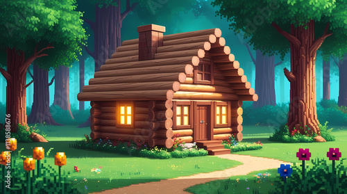 Cozy Log Cabin in the Enchanted Forest: A charming and inviting log cabin nestled amidst lush greenery and towering trees, bathed in the warm glow of evening light. photo